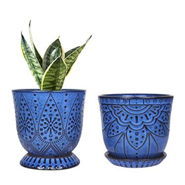 Imagem de Conjunto de vasos de cerâmica com contas Gepege para plantas, orifício de drenagem e pires, grande, redondo, para orquídea/suculenta, interno/externo (azul, 15 cm, vaso interno até 12 cm, 2 un.)