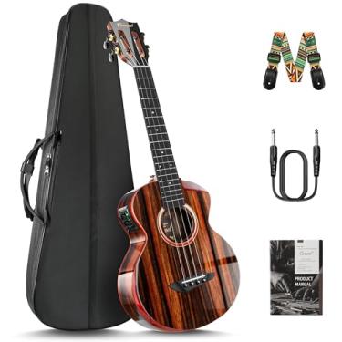 Imagem de Caramel Ukulele elétrico e acústico tenor brilhante de ébano Cuteway da TEG91 com apoio de braço | Kit Ukelele profissional feito à mão de 66 cm com acessórios