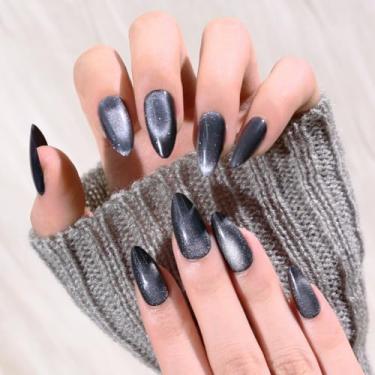 Imagem de 30 peças de unhas de pressão de amêndoa média ponta francesa com glitter falso cobertura completa cola em unha para mulheres (nº 09) (preto)