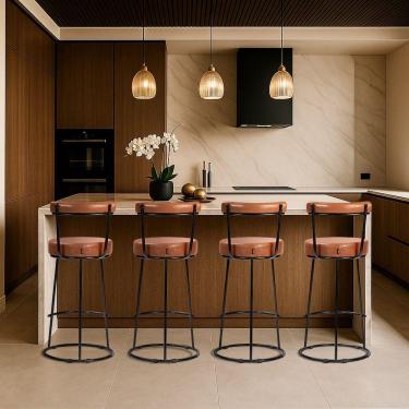 Imagem de Banqueta Alta Cozinha 70cm Encosto Industrial Aço Kit 4 Ziria Pu S02 - D'rossi Caramelo