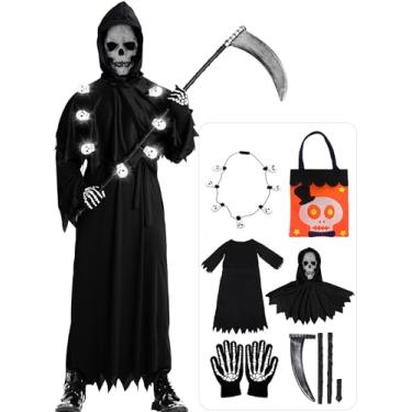 Imagem de YEJINCUN 6 Pcs Grim Reaper Costume Kids Scary Skull Skeleton Mask Gloves Halloween Costumes for Kids Boys