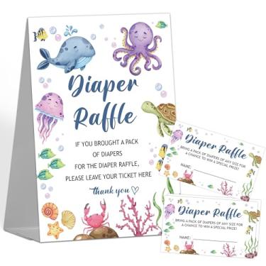 Imagem de Jogo de sorteio de fraldas para chá de bebê, 1 placa de pé com 50 bilhetes de sorteio de fraldas, bilhetes de sorteio de fraldas oceano sob o mar para chá de bebê, suprimentos de decoração de festa