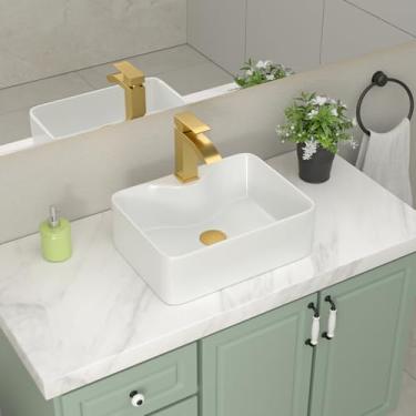 Imagem de Yurshen Pia de vaso branca, pia de banheiro retangular de 40,6 x 30,5 cm, porcelana cerâmica, acima do balcão, tigela pequena com acessórios dourados para banheiro