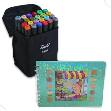 Imagem de Kit 24 Canetinhas Coloridas de Ponta Dupla + 1 Livro de Colorir com 48 Folhas Papel Grosso Capa Dura Brilhante Holográfica vem com folha protetora de acetato (Verde)