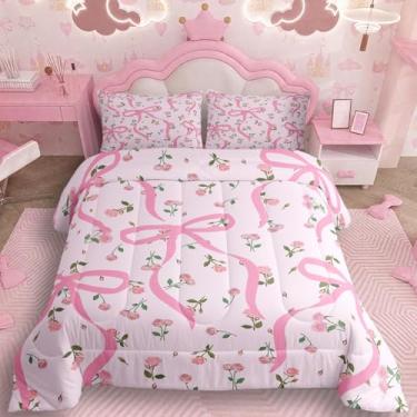 Imagem de Feelyou Conjunto de cama macio com laço em aquarela para meninos e meninas, conjunto de edredom com laço, tamanho casal, estilo princesa sonhadora, edredom de microfibra, decoração de quarto, 3 peças