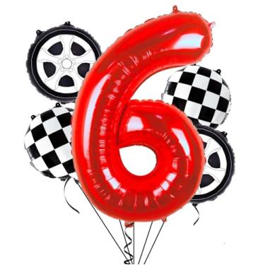 Imagem de Kwuz Race Car Birthday Balloons Tire Balloons Fast Six Boys Girls 6th Birthday Decorations Racing Car Theme Wheels Party Decor Supplies Favors Black Red Foil Mylar Helium 6 Balloon Number 40 inch