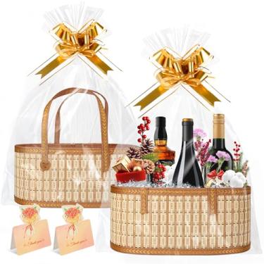 Imagem de Conjunto de 2 cestas para presentes vazias, cesta grande de bambu com alça, cesta de tecido decorativa reutilizável dobrável para Natal, chá de bebê, dia das mães, inauguração de casa, casamento