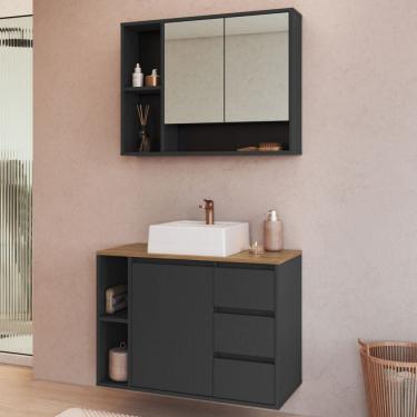 Imagem de Armário de Banheiro Belagavi 3 Portas 3 Gavetas com Cuba e Espelho Grafite - Art In Móveis