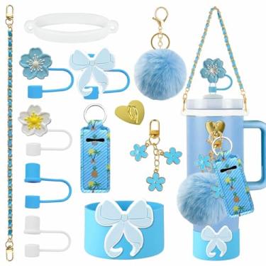 Imagem de Conjunto de acessórios incluindo alça de alça de garrafa de água, bota de silicone, capa de palha de borboleta de resina, cobertura de palha, protetor labial, berloques de borboleta e bola de pelo