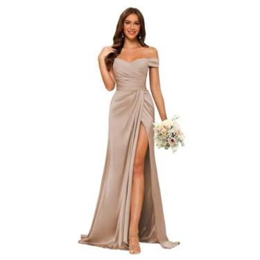 Imagem de Vestido de dama de honra Dessiny Long Off Shoulder Satin taupe