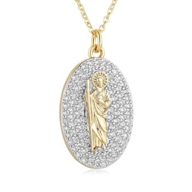 Imagem de AsAlways Colar de São Bento para mulheres, banhado a ouro 14K, pequeno, retrô, medalha, pingente, talismã, joia de presente, Latão, Zircônia cúbica