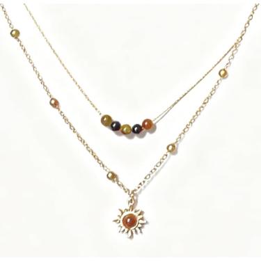 Imagem de Colar feminino dourado de camada dupla - Pingente de sol delicado com contas de olho de tigre - Joias modernas para presente de formatura de casamento