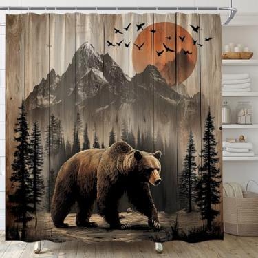 Imagem de Cortina de chuveiro rústica com urso, floresta, montanha, vida selvagem, marrom, cabana de madeira, fazenda, campo, caça, acampamento, tecido, decoração de banheiro, cortina de banho com ganchos
