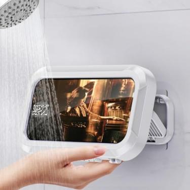 Imagem de Capa de telefone universal à prova d'água para chuveiro, suporte de tela sensível ao toque dobrável branco cristal com rotação de 360°, caixa protetora Aqua Play montável na parede