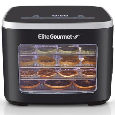 Imagem de Elite Gourmet EFD809D Desidratador de alimentos com 5 bandejas de aço inoxidável, temperatura ajustável e tempo manter o calor, inclui luz interior, bandeja de rolos de frutas e folheto de
