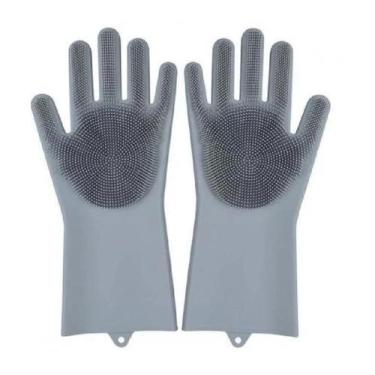 Imagem de Par De Luvas Com Esponja Silicone Lava Louças Multiuso Cinza - Loja ca