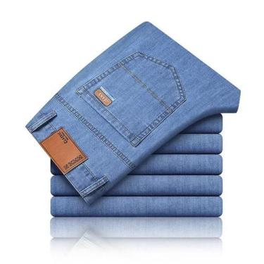 Imagem de Calças Jeans Masculinas Azuis De Algodão Leve Com Stretch, Corte Reto,