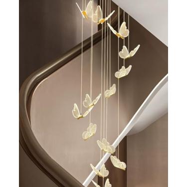 Imagem de Lustre moderno de alumínio com LED, grande, pendente para escada, em formato de borboleta acrílica, com intensidade regulável, altura ajustável, ideal para tetos altos, sala de estar, casa d