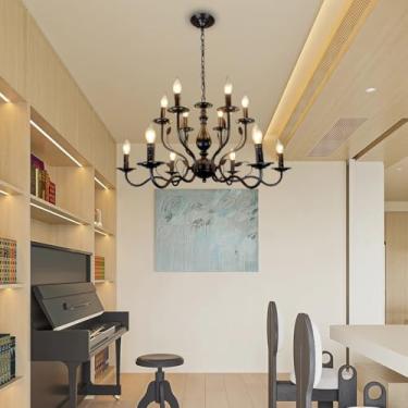 Imagem de Lustre de estilo rústico com 12 lâmpadas para sala de estar, luminária pendente vitoriana antiga, luminária de teto industrial em metal para sala de jantar, quarto e varanda, preto fosco, so