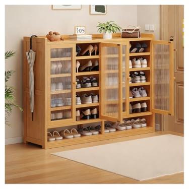 Imagem de SPXMQSS Sapateira para entrada, armário de sapatos de 7/8 níveis com portas, grande armário de armazenamento de sapatos, organizador de sapatos de bambu para 18-42 pares, sapateira independente marrom