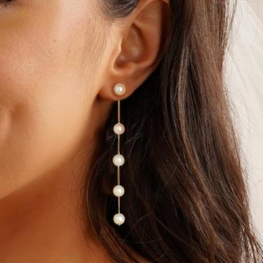 Imagem de Brincos de pérola para mulheres, brincos pendentes de ouro para mulheres, brincos brancos de gota longa, brincos de pérola pendurados para noivas, casamentos, delicados, presentes de formatura, joias