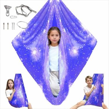 Imagem de Balanço sensorial para crianças e adultos com kit de cabide giratório de 360°, balanço terapêutico elástico de camada dupla comporta até 136 kg para autismo, TDAH, Asperger e SPD (céu azul e roxo)