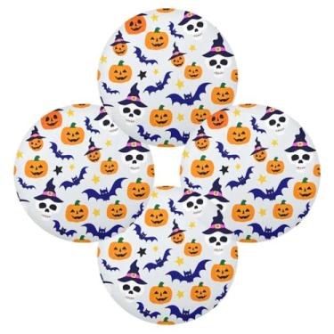 Imagem de Wassud Jogo americano conjunto de 4 caveiras de Halloween chapéus de bruxa tapetes de mesa redondos para cozinha e jantar tapetes laváveis resistentes ao calor decoração de mesa 39 cm