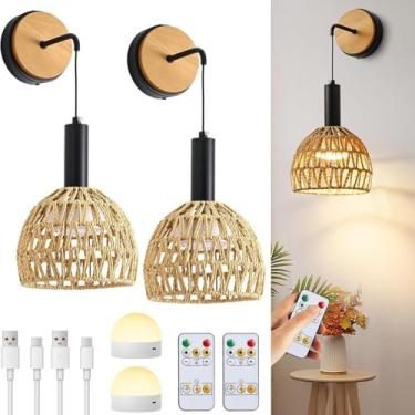 Imagem de Luminária de parede LED estilo boho, alimentada por bateria, sem necessidade de conexão elétrica, sem fio, com controle remoto e cúpula de rattan trançado à mão. Cor: preta.