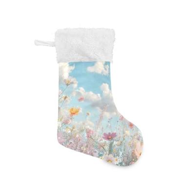 Imagem de xigua Meia de Natal de papoulas coloridas florescendo personalizada grande meia de doces presente para pendurar meias de Natal para decoração de festa de férias em família, decoração de lareira