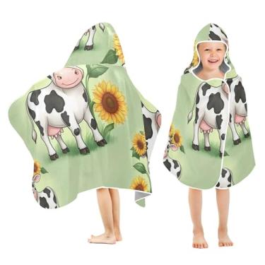 Imagem de Burbuja Toalha de banho com capuz de vaca girassol para crianças, toalha de praia de pelúcia macia absorvente para meninas e meninos 3-10 anos, 61 x 127 cm