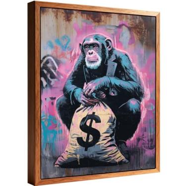 Imagem de Halioyo Arte de parede de macaco grafite, decoração de sala de música engraçada, arte de rua abstrata, arte de parede em tela emoldurada para sala de estar, quarto, banheiro, decoração de escritório