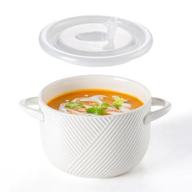 Imagem de Adewnest Tigelas de sopa de cebola francesa: 1,247 g potes de sopa de cerâmica com alças e tampas de silicone - recipientes seguros para micro-ondas para cereais ramen café da manhã preparação de