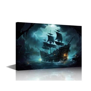 Imagem de TUMOVO Decoração de sala de arte em tela pinturas piratas à vela para decoração de parede navio fantasma luz do sol decoração de arte de parede motivacional imagens de fantasia moldura em tela arte de