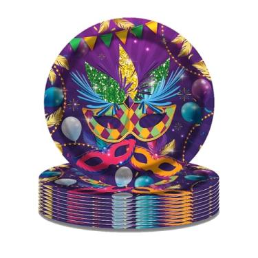 Imagem de 24 peças de pratos de festa de carnaval de 18 cm, pratos de papel de baile de máscaras de carnaval, pratos descartáveis de carnaval, pratos de sobremesa, pratos de carnaval, pratos de sobremesa, para