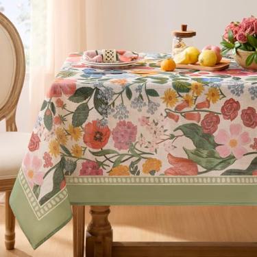 Imagem de Softalker Toalha de mesa retangular de primavera, toalha de mesa vintage de linho com flores e folhas, toalha de mesa floral boho de fazenda decorativa para cozinha e sala de jantar (139 x 213 cm)