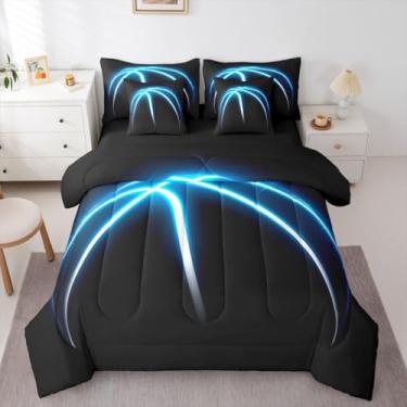 Imagem de Erosebridal Conjunto de edredom de basquete, cama de jogador de basquete, tamanho Queen, 7 peças, tema esportivo, para meninos e jovens, decoração de quarto, linhas azuis, listras, lençol com lençóis