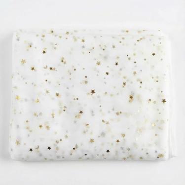 Imagem de Tecido de tule com glitter com lantejoulas de lua estrela, rolos de 3 jardas x 150 cm de largura, material transparente brilhante para saias tutu e decoração (branco)