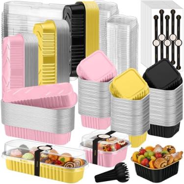 Imagem de LemonRoad 120 miniformas de bolo com tampas e colheres, forma de pão retangular de folha de alumínio de 193 g e copos quadrados de 142 g, copo de sobremesa descartável com decalque para aniversário de