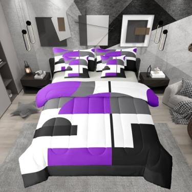 Imagem de Erosebridal Jogo de cama casal com 7 peças, roxo, preto, branco, listrado, moderno, listrado, geométrico, para adolescentes, adultos, jovens, mulheres, decoração de quarto, abstrato e simples em uma
