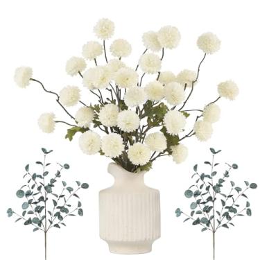 Imagem de DuHouse Flores artificiais para vaso Kiku 8 hastes e 2 eucaliptos, hastes de flores falsas para buquês de casamento faça você mesmo, centro de mesa, decoração de cozinha