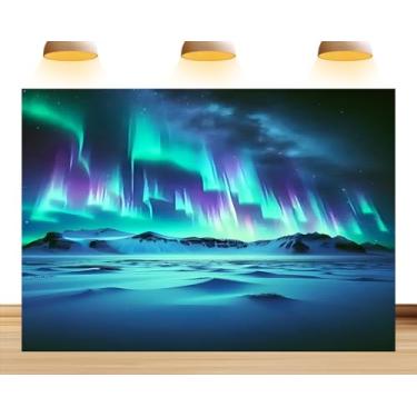 Imagem de Cenário de luzes do norte de 3,5 x 2,5 m, vista noturna estrelada, montanhas cobertas de neve, fundo aurora ártico, decorações de festa, adereços de estúdio de cabine de fotos