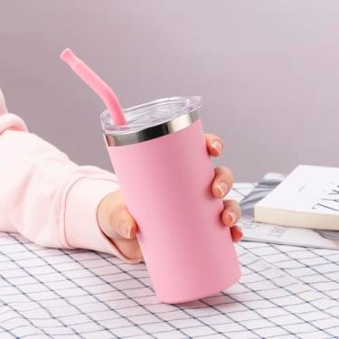 Imagem de Copo de aço inoxidável de 350 ml com canudo e tampa à prova de vazamento - Caneca de viagem com isolamento a vácuo de parede dupla, sem suor para academia, escritório, bebidas de carro (roxo rosa)