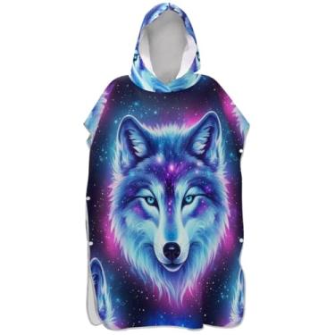 Imagem de Joisal Poncho de surfe plus size para adultos trocador com capuz toalha de praia estampa azul roxo galáxia lobo unissex adulto poncho com capuz
