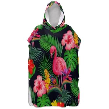 Imagem de Joisal Roupão de troca de poncho de surfe rosa vívido flamingos folhas verdes para adultos leve unissex poncho adulto com capuz toalhas de banho de praia com capuz
