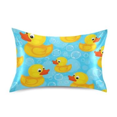Imagem de Fronhas de cetim floral fofo amarelo patinhos azul padrão king queen fronhas personalizadas decoração de cama travesseiro antiderrapante tamanho padrão 66 cm x 50 cm
