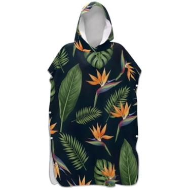 Imagem de Joisal Poncho de surf para adultos trocador de roupa de praia com capuz toalha floral absorvente feminino ponchos com capuz folhas tropicais flores azul-marinho