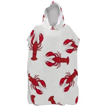 Imagem de Joisal Roupão de mudança de poncho de surfe para adultos toalhas de banho com capuz reutilizáveis poncho masculino com capuz lagostas vermelhas brancas