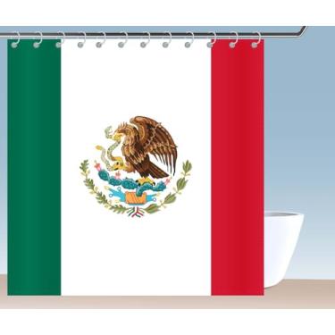 Imagem de Petite Pine Cortina de chuveiro com bandeira do México de poliéster 72 × 72 polegadas com ganchos e ilhós, decoração de banheiro mexicano à prova d'água 182 × 182 cm, cortinas de acessórios de banho