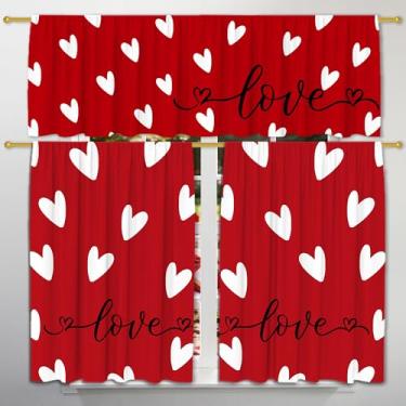 Imagem de Cortinas de cozinha do Dia dos Namorados para janelas, conjunto de cortinas e sanefas para decoração de cozinha, casa de fazenda, bolso para varão, vermelho, amor, 2 painéis (68,5 x 91,4 cm) + camada