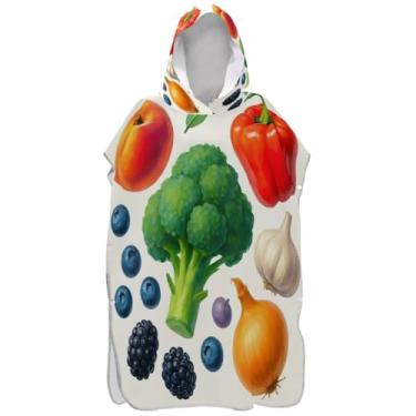 Imagem de Joisal Poncho de surfe colorido com desenho animado de frutas, vegetais, trocador para Adul Ponchos adultos reutilizáveis para mulheres, toalha de natação com capuz fofo